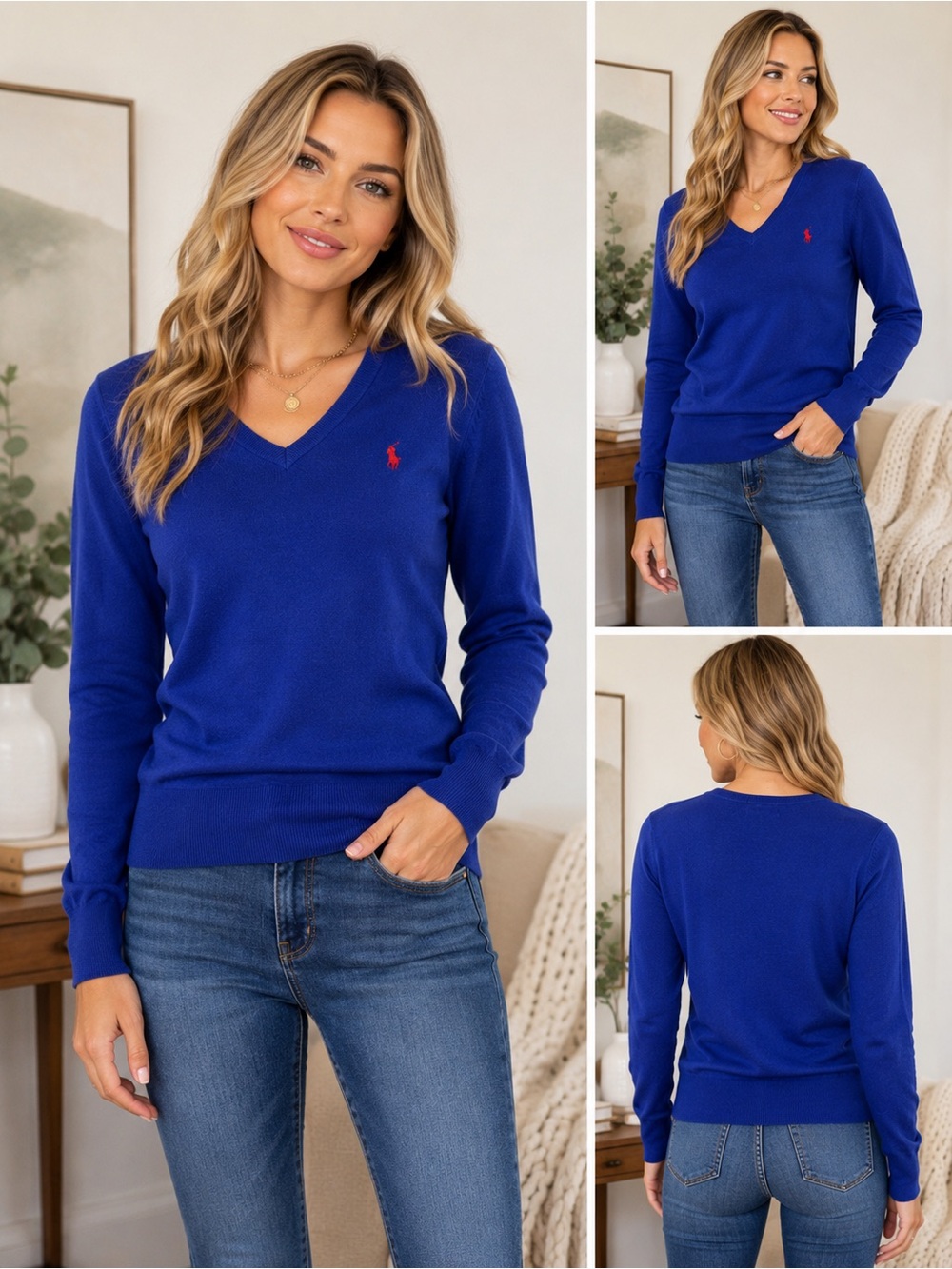 Polo Ralph Lauren Quiet Luxury Merino Wool V-Neck Sweater Blue Red Pony sz Small